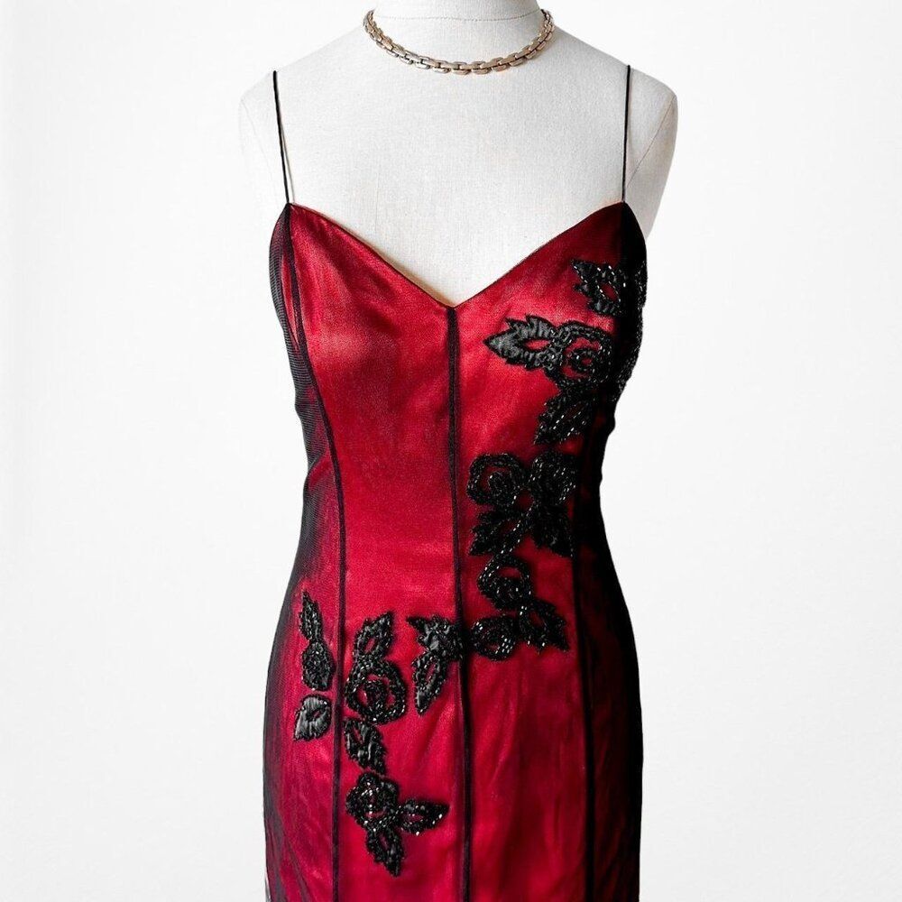 Vintage Y2K Burgundy Red Floral Beaded Embroidered Mesh Bodycon Maxi Prom Dress - Picture 8 of 11